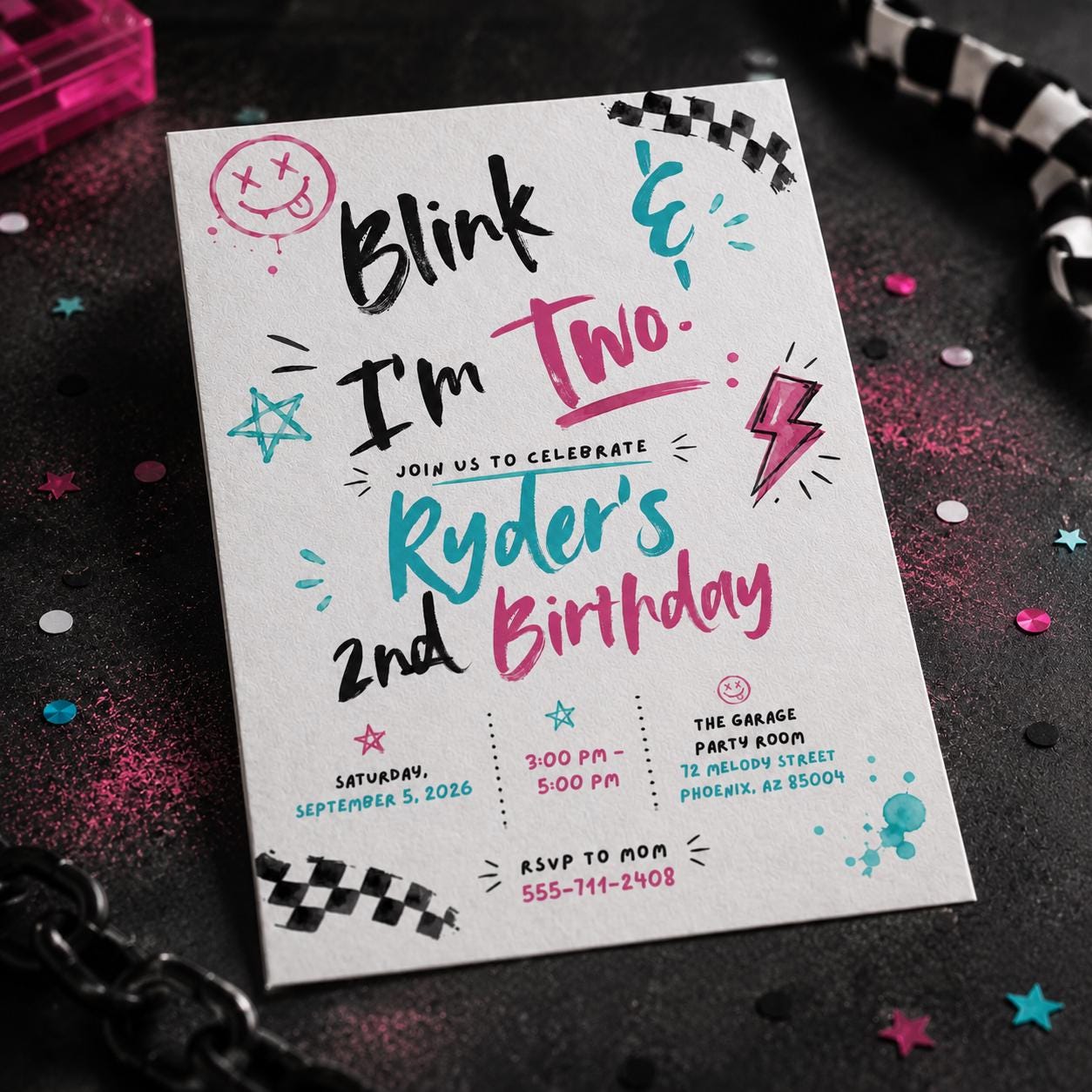 Punk Rock 2nd Birthday Invitation, Blink and I'm Two Checkered Kids Party, Editable Printable Canva Template - Image 4