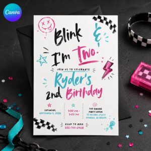 Punk Rock 2nd Birthday Invitation, Blink and I'm Two Checkered Kids Party, Editable Printable Canva Template