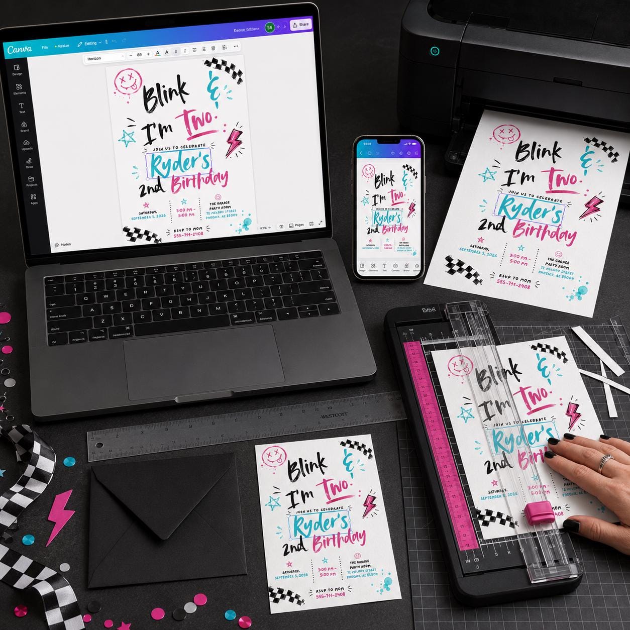 Punk Rock 2nd Birthday Invitation, Blink and I'm Two Checkered Kids Party, Editable Printable Canva Template - Image 3