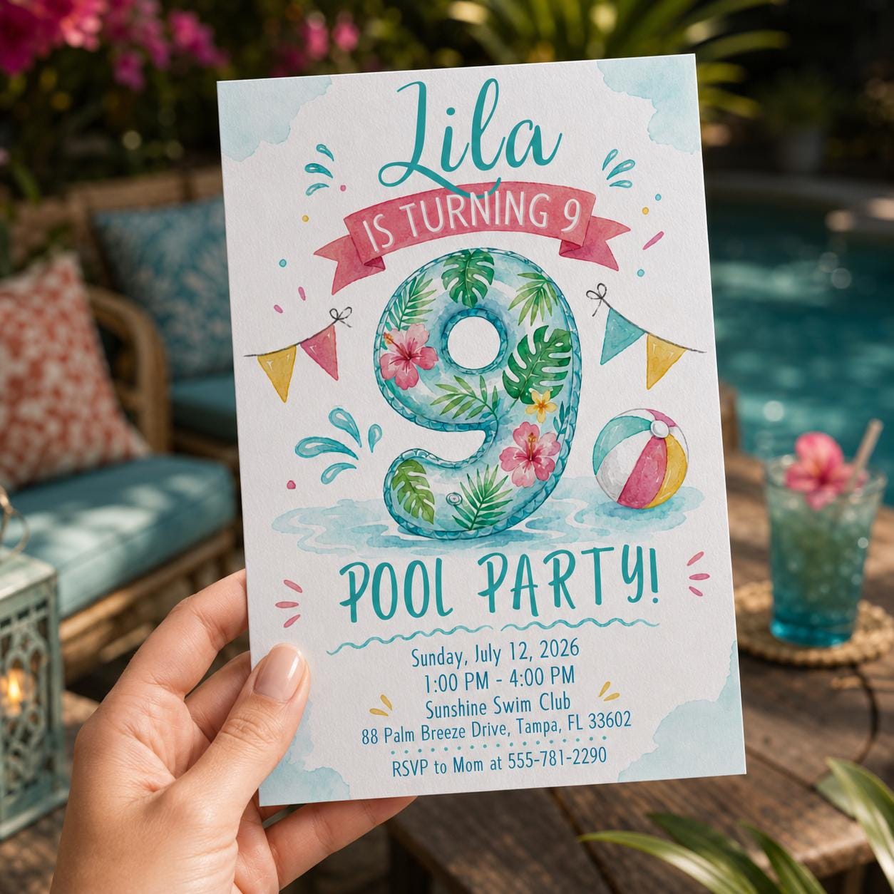 9th Birthday Pool Party Invitation, Tropical Number Nine Summer Swim Party, Editable Printable Canva Template - Image 3