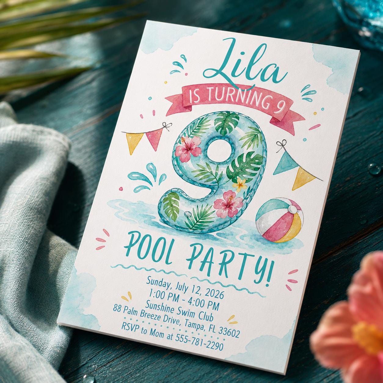 9th Birthday Pool Party Invitation, Tropical Number Nine Summer Swim Party, Editable Printable Canva Template - Image 5