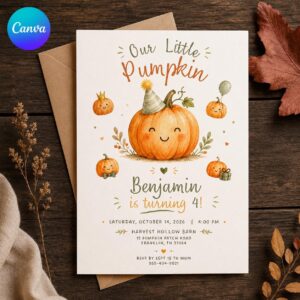 Little Pumpkin Birthday Invitation, 4th Birthday Fall Pumpkin Patch Party, Neutral Watercolor Editable Printable Canva Template