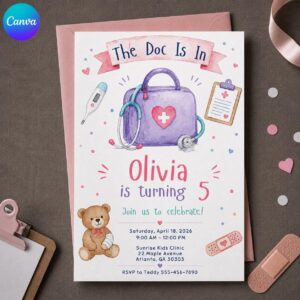 Doctor Birthday Invitation, The Doc Is In 5th Birthday Girl Medical Party, Pastel Nurse Theme Editable Canva Template
