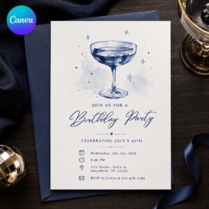 40th Birthday Invitation, Blue Martini Cocktail Party, Elegant Watercolor Adult Invite, Editable Printable Canva Template