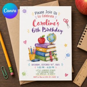 School Birthday Invitation, 6th Birthday Girl Classroom Party, Watercolor Books and Globe, Editable Printable Canva Template
