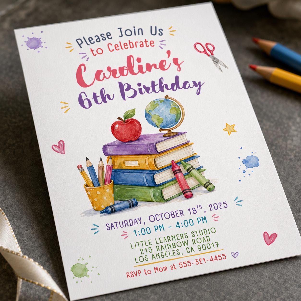 School Birthday Invitation, 6th Birthday Girl Classroom Party, Watercolor Books and Globe, Editable Printable Canva Template - Image 6