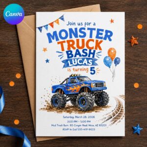 Monster Truck 5th Birthday Invitation, Blue Truck Bash Boy Party, Editable Printable Canva Template