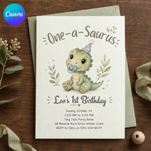 Dinosaur 1st Birthday Invitation, One-a-Saurus Watercolor Boy Party, Editable Printable Canva Template