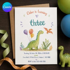 Dinosaur 3rd Birthday Invitation, Three Rex Watercolor Dino Party, Editable Printable Canva Template