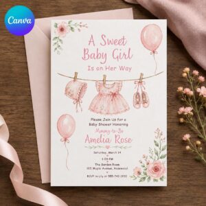Baby Girl Shower Invitation, Pink Floral Clothesline Sweet Girl Party, Editable Printable Canva Template