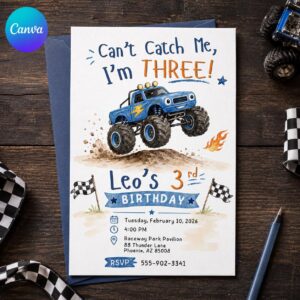Monster Truck 3rd Birthday Invitation, Can't Catch Me I'm Three Boy Party, Editable Printable Canva Template