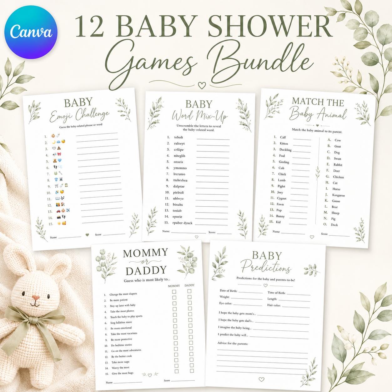 Baby Shower Games Bundle, Minimalist Gender Neutral Baby Sprinkle Activities, Printable Funny Simple Baby Shower Games, Fun Activity Canva