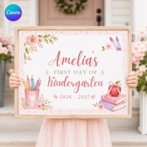 First Day of Kindergarten Sign 2026-2027 Printable, Back to School Photo Prop, First Day of School Sign PDF Digital, Editable Canva Template