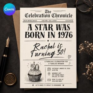 50th Birthday Newspaper Invitation, Born in 1976 Vintage Party for Her, Editable Printable Canva Template