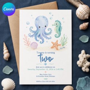 Under the Sea 2nd Birthday Invitation, Two the Sea Octopus Party, Editable Printable Canva Template