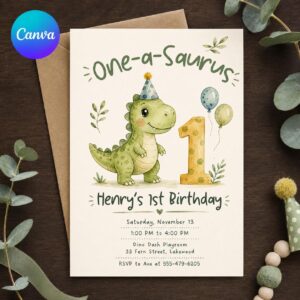 Dinosaur 1st Birthday Invitation, One-a-Saurus Watercolor Dino Party for Boy, Editable Printable Canva Template