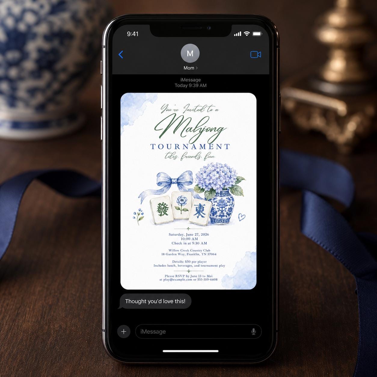 Mahjong Tournament Invitation, Blue Hydrangea Chinoiserie Game Night, Editable Printable Canva Template - Image 4