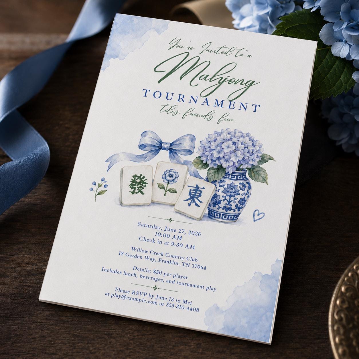 Mahjong Tournament Invitation, Blue Hydrangea Chinoiserie Game Night, Editable Printable Canva Template - Image 3