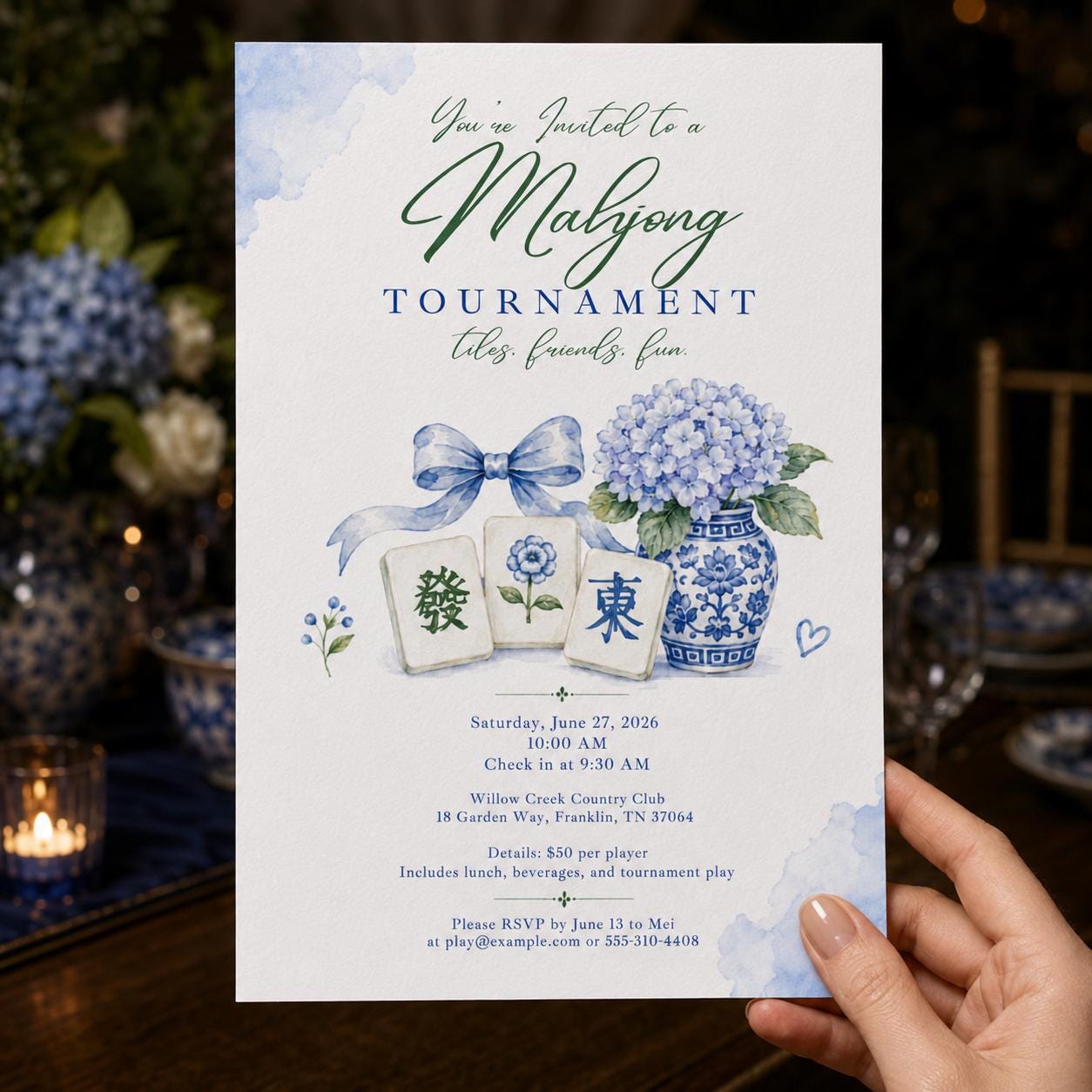 Mahjong Tournament Invitation, Blue Hydrangea Chinoiserie Game Night, Editable Printable Canva Template - Image 5