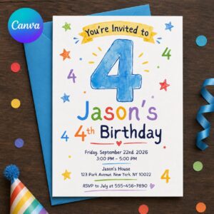 4th Birthday Invitation, Colorful Number Four Kids Party for Boy or Girl, Editable Printable Canva Template