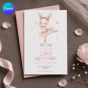 Ballerina Bunny Birthday Invitation, Tutu Cute 4th Birthday Pink Ballet Party, Editable Printable Canva Template