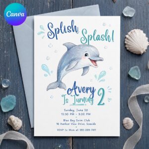 Dolphin Birthday Invitation, Splish Splash 2nd Birthday Under the Sea Party, Editable Printable Canva Template