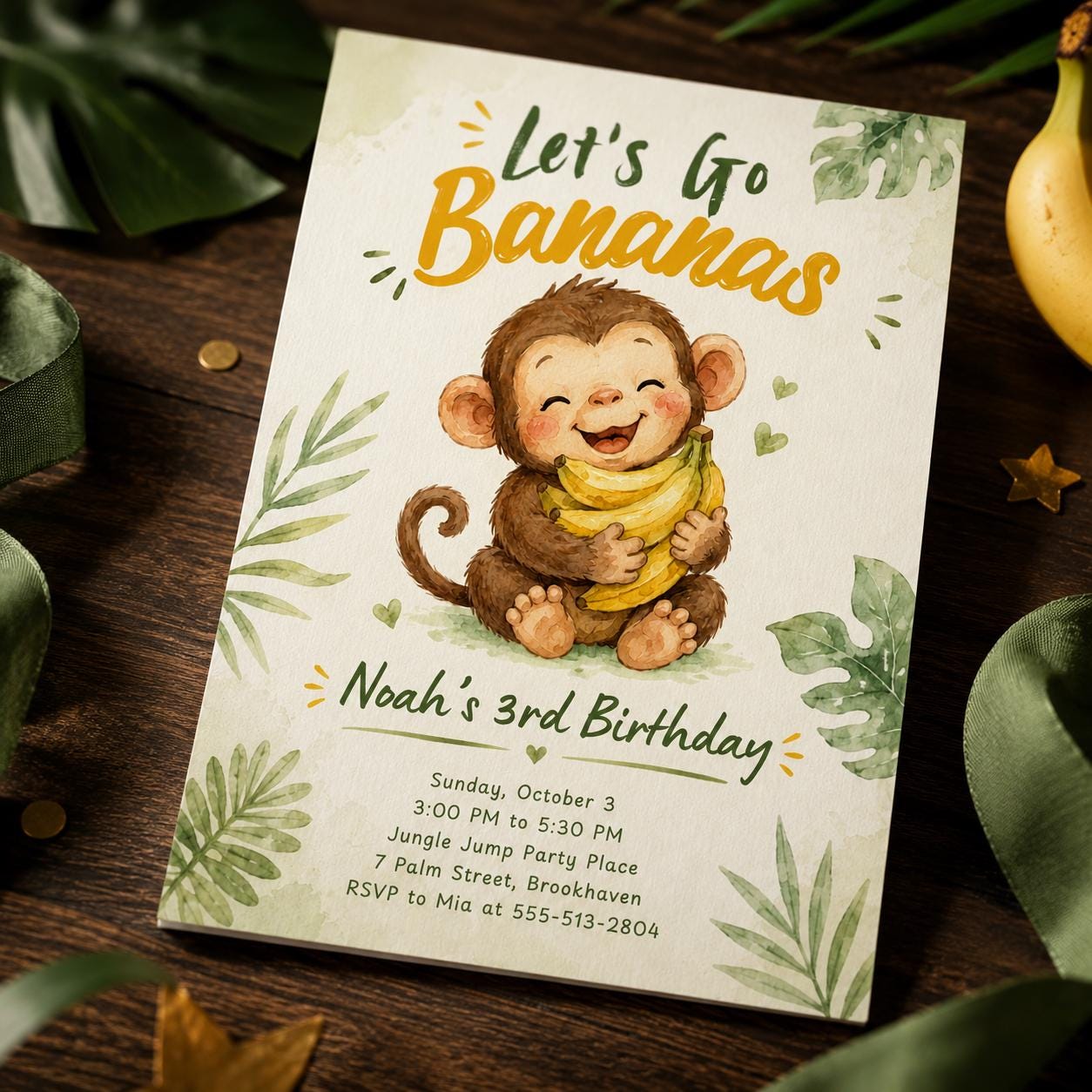 Monkey 3rd Birthday Invitation, Let's Go Bananas Jungle Party, Cute Watercolor Editable Printable Canva Template - Image 3