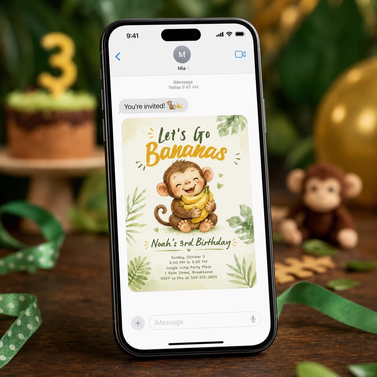 Monkey 3rd Birthday Invitation, Let's Go Bananas Jungle Party, Cute Watercolor Editable Printable Canva Template - Image 6