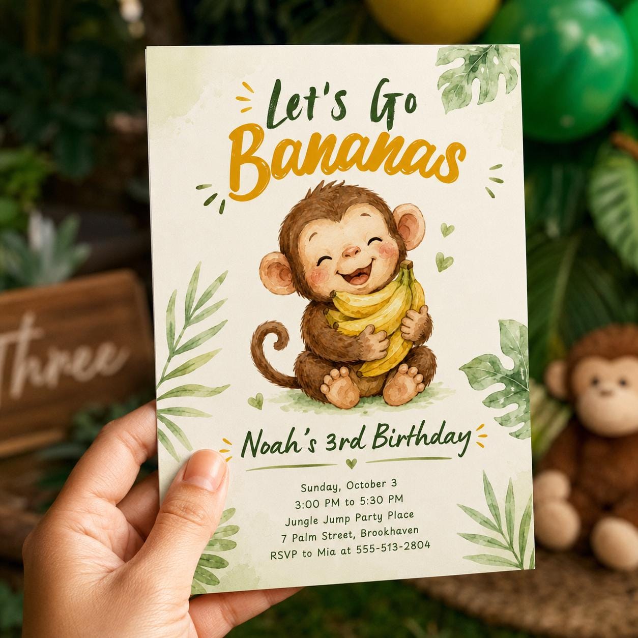 Monkey 3rd Birthday Invitation, Let's Go Bananas Jungle Party, Cute Watercolor Editable Printable Canva Template - Image 4