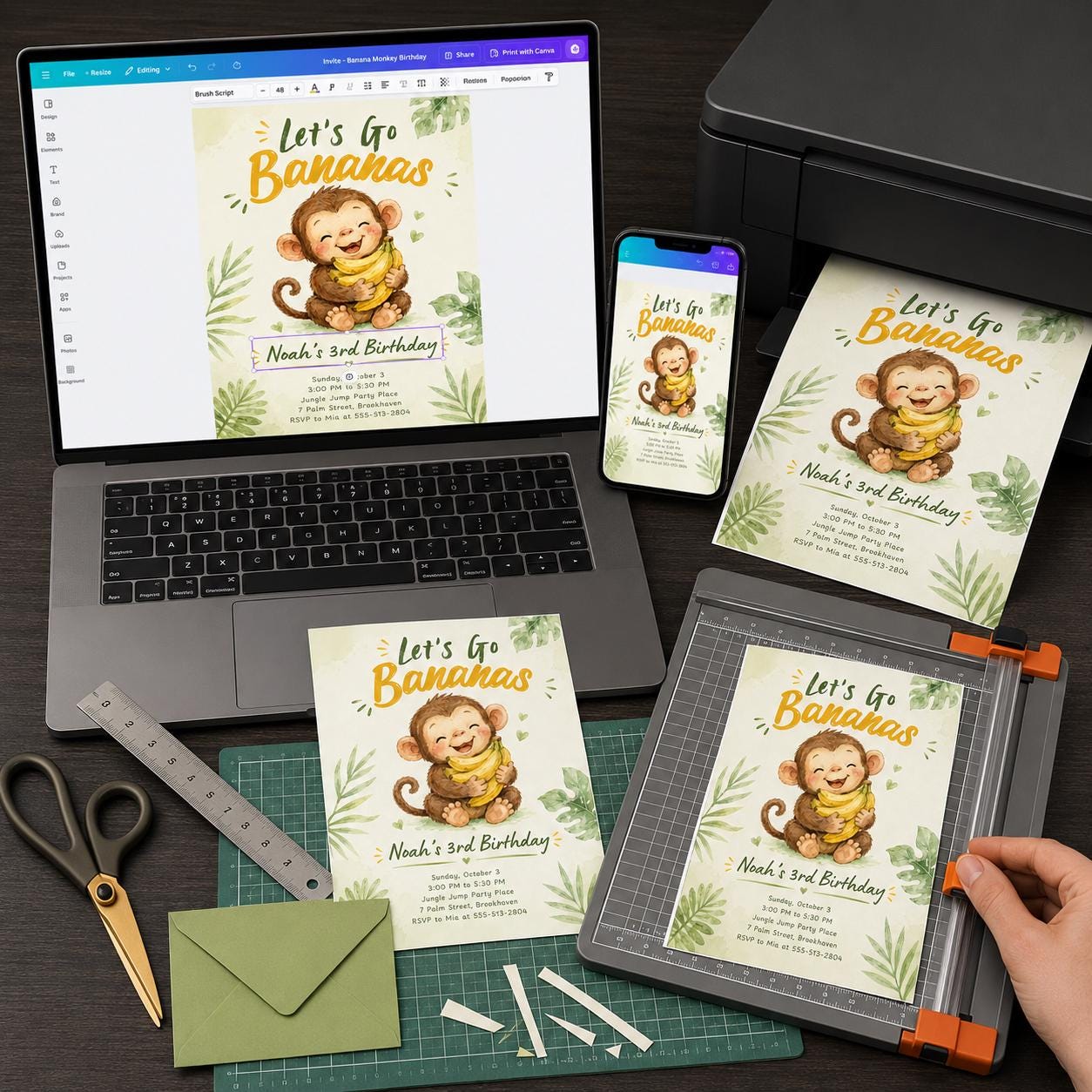 Monkey 3rd Birthday Invitation, Let's Go Bananas Jungle Party, Cute Watercolor Editable Printable Canva Template - Image 5
