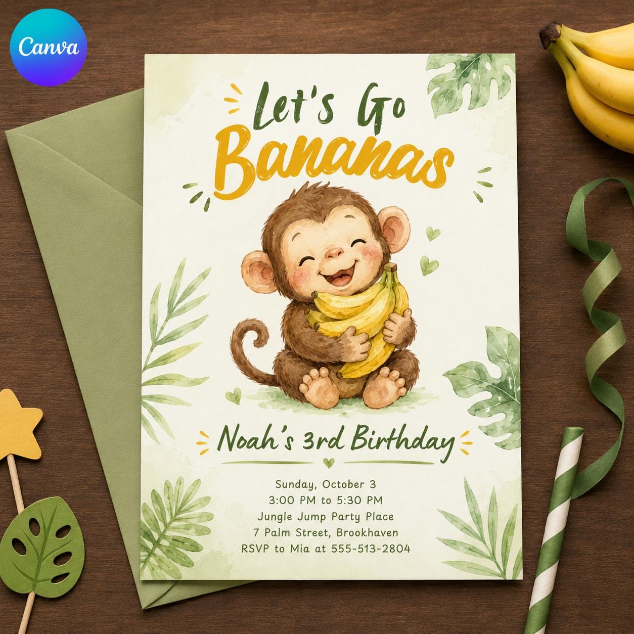 Monkey 3rd Birthday Invitation, Let's Go Bananas Jungle Party, Cute Watercolor Editable Printable Canva Template