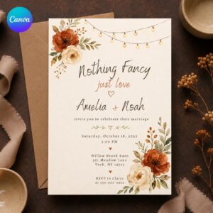 Rustic Fall Wedding Invitation, Nothing Fancy Just Love Terracotta Floral Barn Celebration, Editable Printable Canva Template