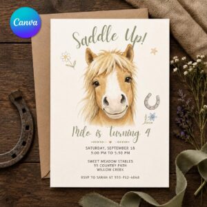 Horse 4th Birthday Invitation, Saddle Up Watercolor Pony Party for Boy or Girl, Editable Printable Canva Template