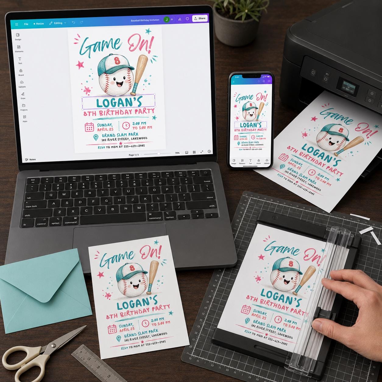 Baseball 8th Birthday Invitation, Game On Sports Party in Pink and Teal, Editable Printable Canva Template - Image 3