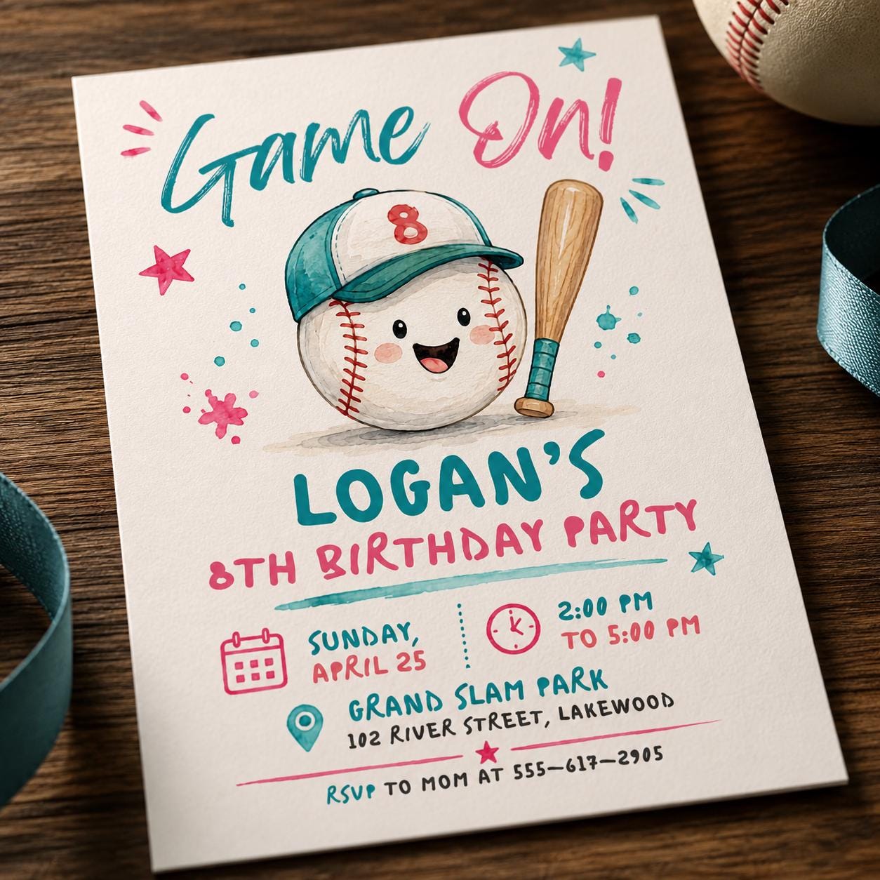 Baseball 8th Birthday Invitation, Game On Sports Party in Pink and Teal, Editable Printable Canva Template - Image 4