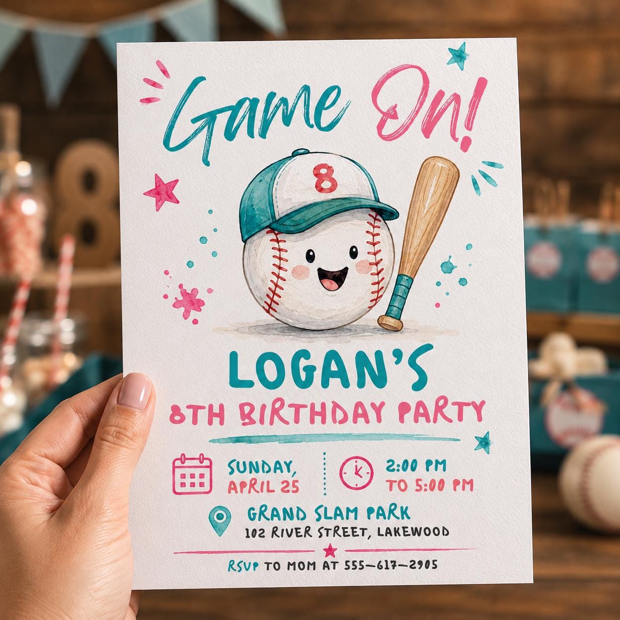 Baseball 8th Birthday Invitation, Game On Sports Party in Pink and Teal, Editable Printable Canva Template - Image 6
