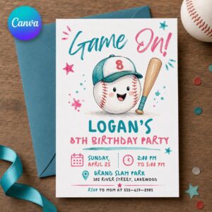 Baseball 8th Birthday Invitation, Game On Sports Party in Pink and Teal, Editable Printable Canva Template