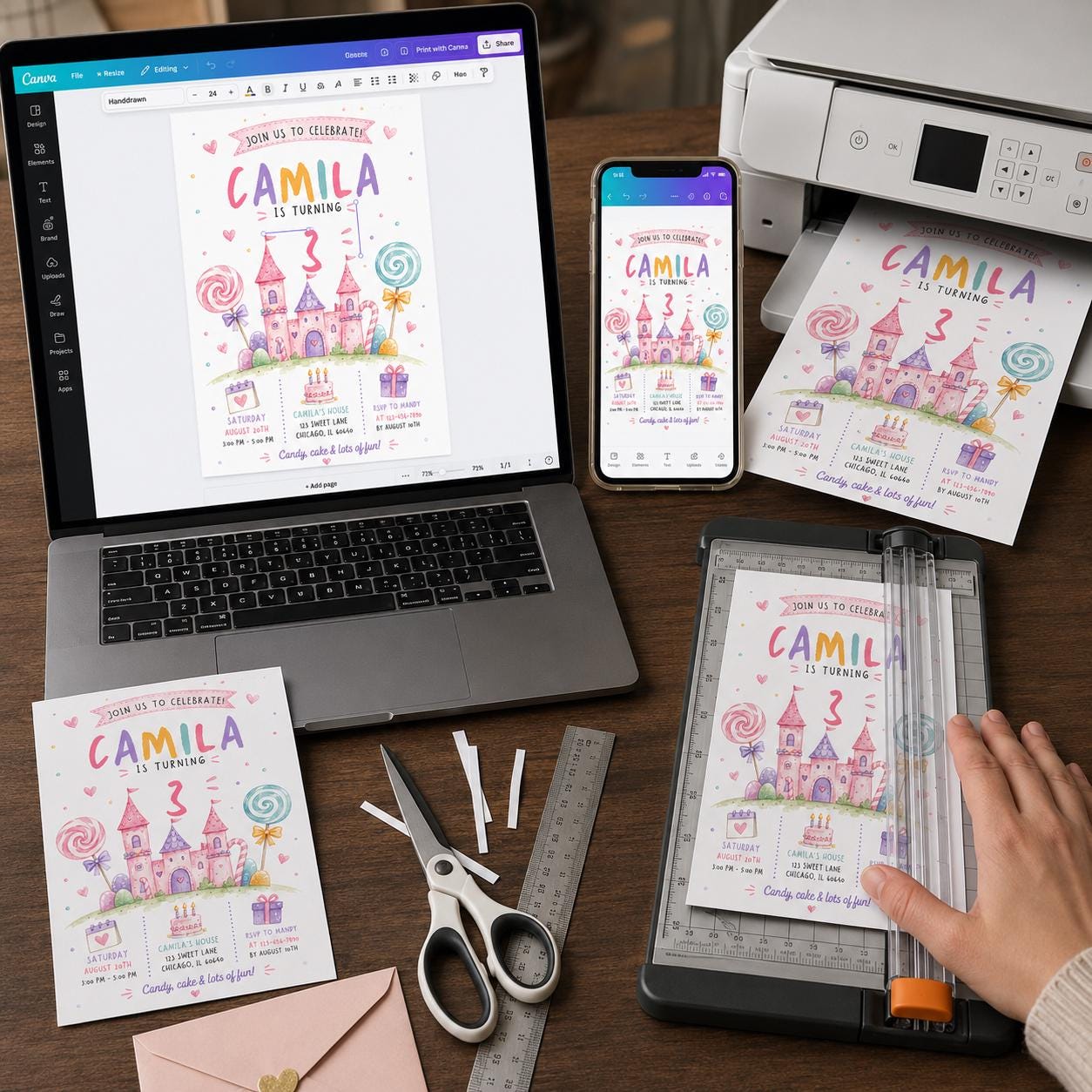 Candyland 3rd Birthday Invitation, Pink Candy Castle Princess Party for Girl, Editable Printable Canva Template - Image 3