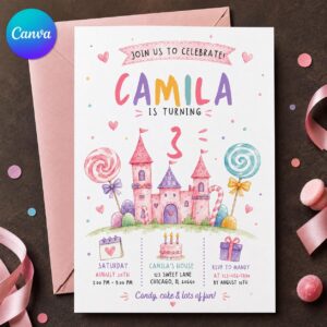 Candyland 3rd Birthday Invitation, Pink Candy Castle Princess Party for Girl, Editable Printable Canva Template