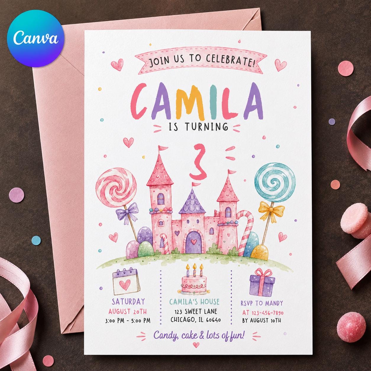 Candyland 3rd Birthday Invitation, Pink Candy Castle Princess Party for Girl, Editable Printable Canva Template