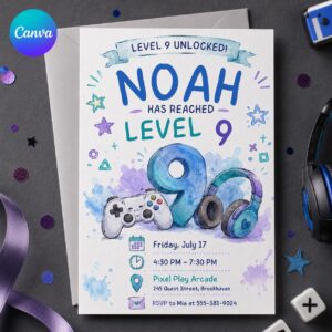 Level 9 Unlocked Birthday Invitation, Video Game Gamer Boy 9th Party Invite, Editable Printable Canva Template