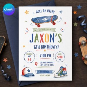 Skateboard 6th Birthday Invitation, Roll On Over Skater Boy Party Invite, Editable Printable Canva Template