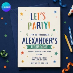 Let's Party Design 8th Birthday Invitation Template, Colorful Kids Party Invite for Boy or Girl, Editable Printable Canva Template