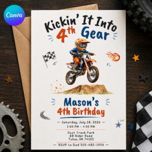Dirt Bike 4th Birthday Invitation, Kickin It Into Gear Motocross Boy Party Invite, Editable Canva Template