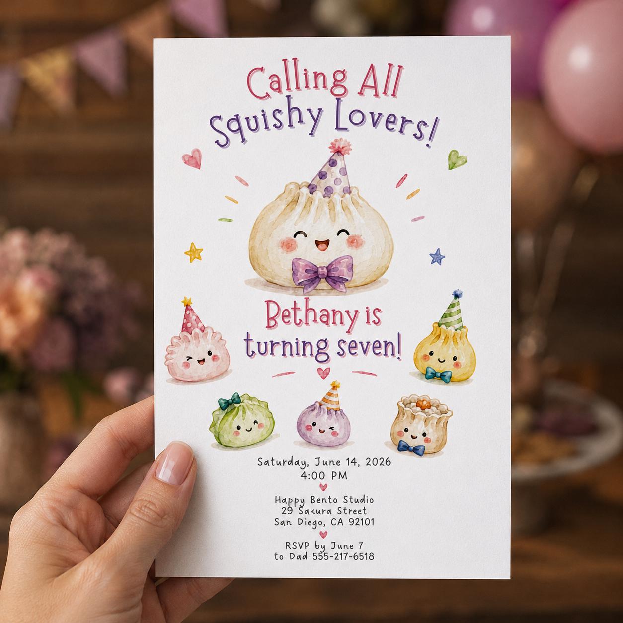 Squishy Dumpling Birthday Invitation, Kawaii Dim Sum 7th Birthday Girl Invite, Editable Printable Canva Template - Image 6