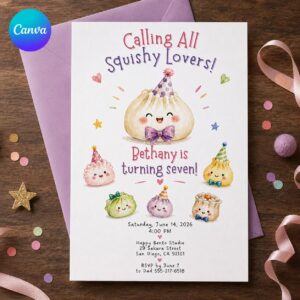 Squishy Dumpling Birthday Invitation, Kawaii Dim Sum 7th Birthday Girl Invite, Editable Printable Canva Template