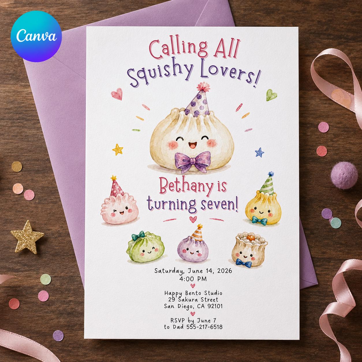 Squishy Dumpling Birthday Invitation, Kawaii Dim Sum 7th Birthday Girl Invite, Editable Printable Canva Template