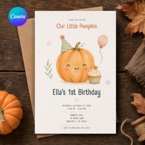 Little Pumpkin First Birthday Invitation, Fall Autumn Birthday Party, Watercolor Editable Printable Canva Template