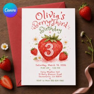 Berry Third Birthday Invitation, Strawberry Girl 3rd Birthday Party, Watercolor Editable Printable Canva Template
