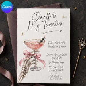 Death to My Twenties 30th Birthday Invitation, Skeleton Martini RIP 20s Party, Editable Printable Canva Template